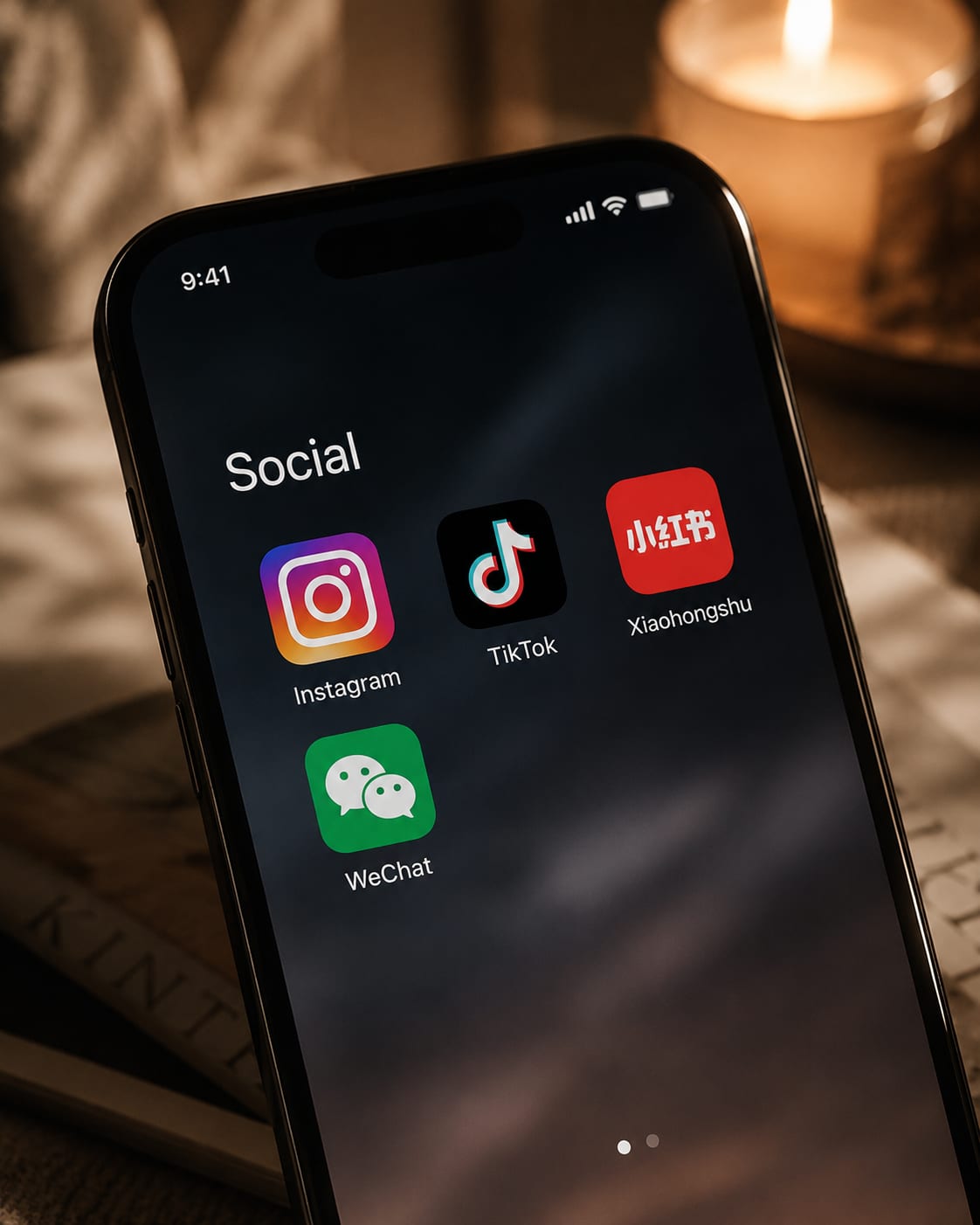 A phone by candlelight showing the platforms the work ships to: Instagram, TikTok, Xiaohongshu and WeChat.